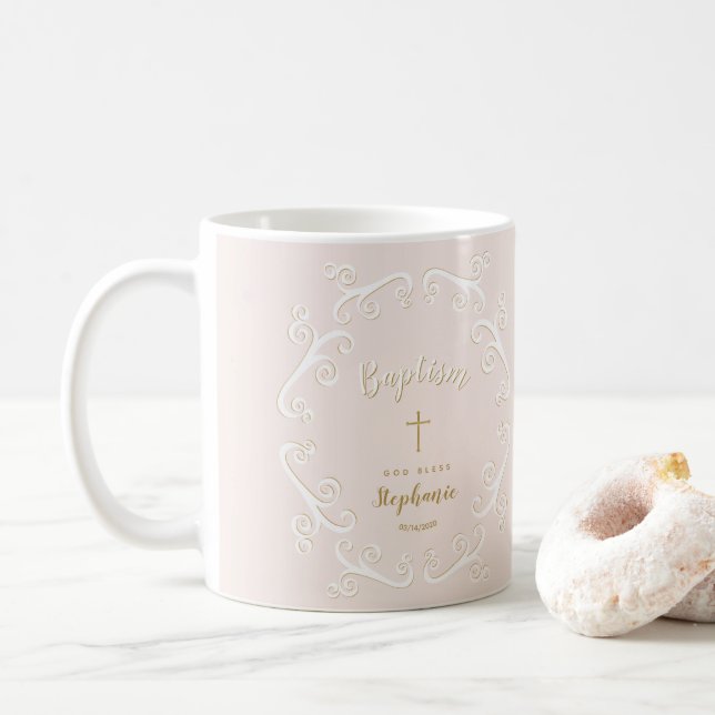 Scrollsar i baptism i Rosa och Guld Kaffemugg (Med munk)