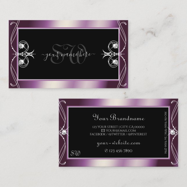 Scrollwork Black Lila Gnistra Diamonds Monogram Visitkort (Fram/baksida)