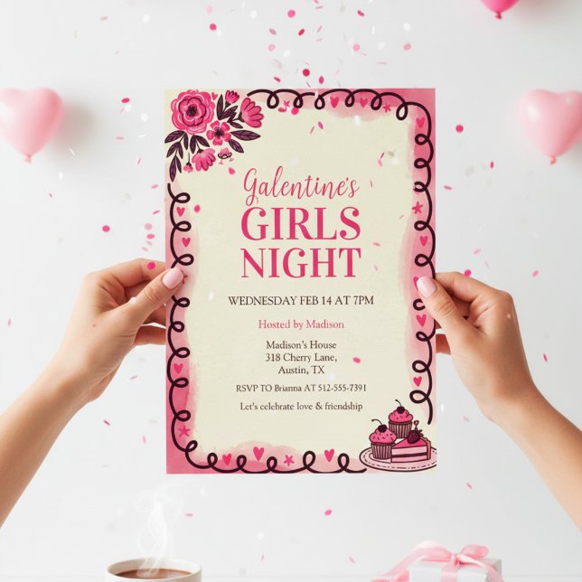 Scrollwork Border Galentine's Invitation Inbjudningar (Watercolor Party Invite)