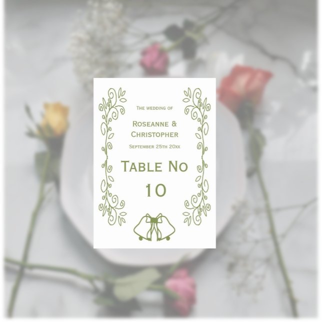 Scrollwork Design Klockor Bröllop Bordsnummer (Sage wedding table number bells and scrollwork design)