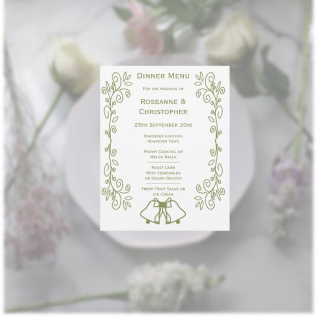 Scrollwork Design Klockor Bröllop Meny (Sage wedding menu bells and scrollwork design)