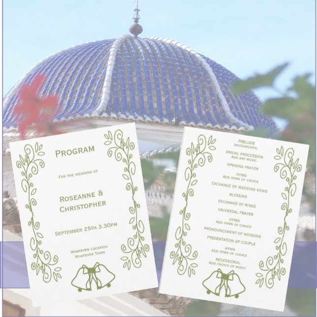Scrollwork Design Klockor Bröllop Program (Sage bells scrollwork wedding program)
