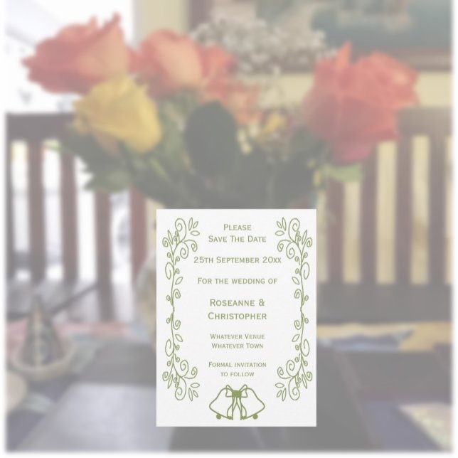 Scrollwork Design Klockor Bröllop Spara Datumet (Sage wedding save the date invitation bells and scrollwork design)