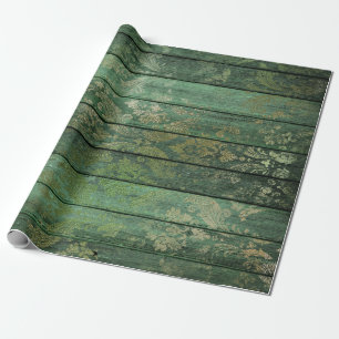 Scrollwork Guld på Grönt Wood Presentpapper