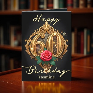 Scrollwork Number 60 Birthday, röd ros och Guld Kort