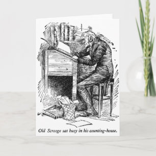 Scrooge på hans skrivbord (med text) helgkort