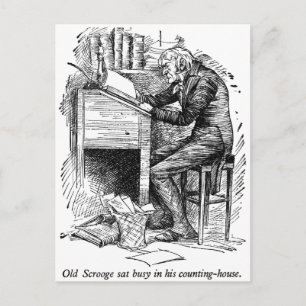 Scrooge på hans skrivbord (med text) vykort