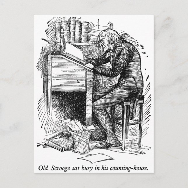 Scrooge på hans skrivbord (med text) vykort (Framsida)