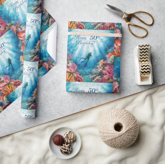 Scuba 50th birthday underwater birthday card  presentpapper (Hantverk)