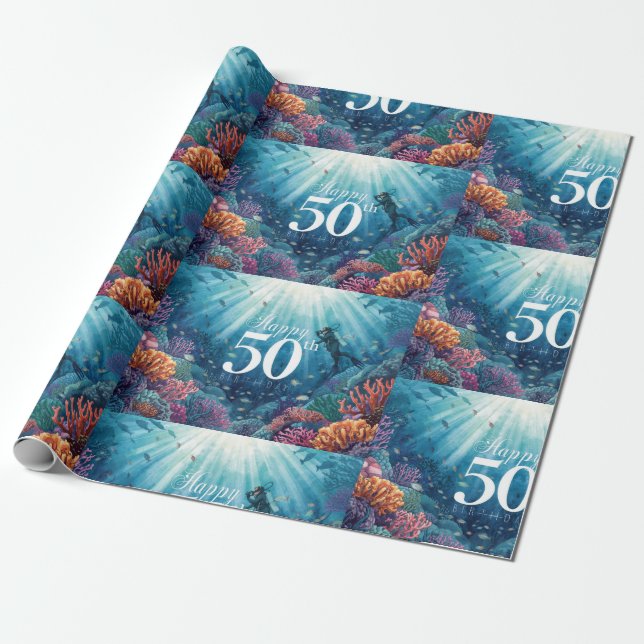 Scuba 50th birthday underwater birthday card  presentpapper (Utrullad)
