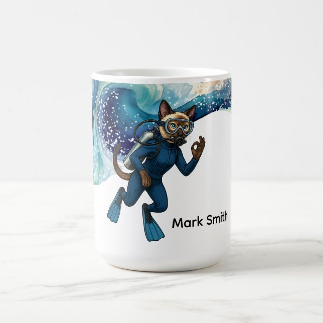 Scuba Cat Diving Blå Våtdräkt med ditt namn Kaffemugg (Center)
