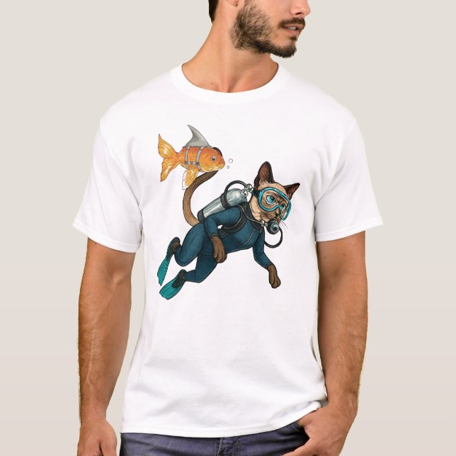 Scuba Cat Diving Blå Våtdräkt T Shirt (Framsida)