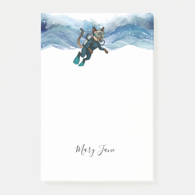 Scuba Cat Diving Blue Wet Suit Post-it Block (Framsida)