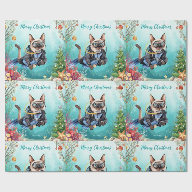 Scuba Cat Underwater Holiday  God Jul  Presentpapper (Platt)