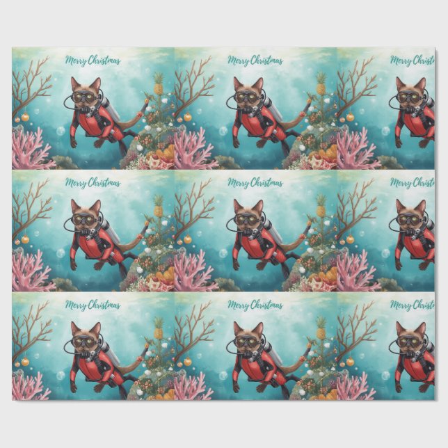Scuba Cat Underwater Holiday  God Jul  Presentpapper (Platt)