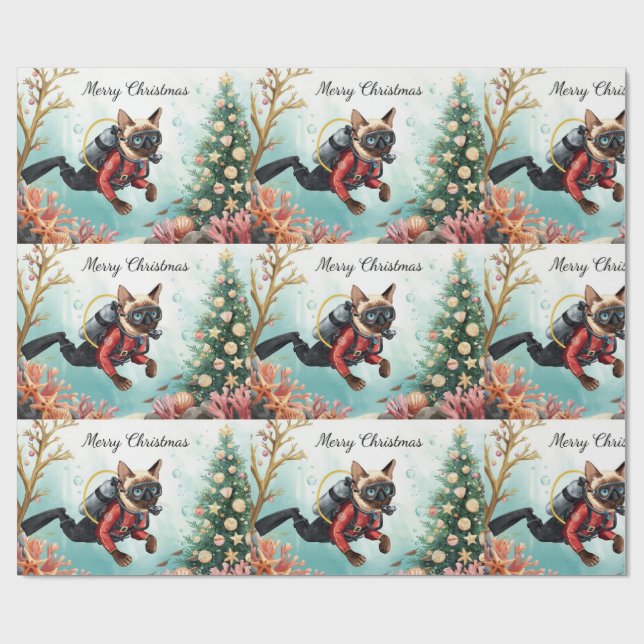 Scuba Cat Underwater Holiday  God Jul  Presentpapper (Platt)