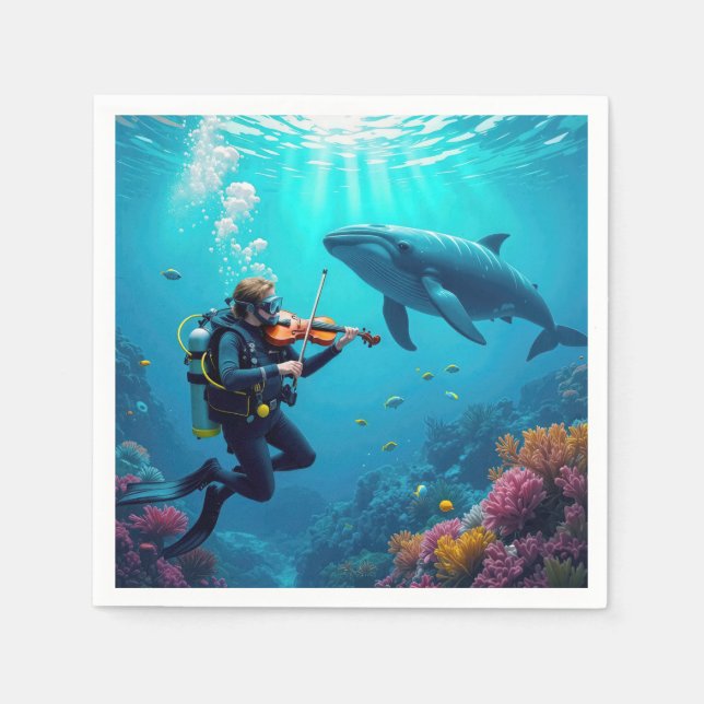 Scuba Diver Playing a Violin For a Whale Pappersservett (Framsidan)