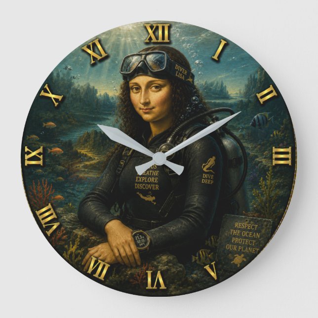 Scuba Diving Funny Mona Lisa Underwater Adventure  Stor Klocka (Framsida)