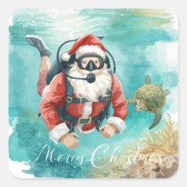 Scuba Santa Underwater Merry Christmas Fyrkantigt Klistermärke