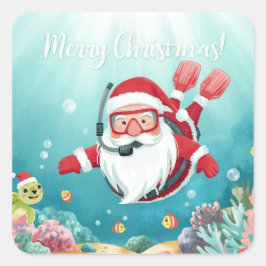 Scuba Santa Underwater Merry Christmas Fyrkantigt Klistermärke