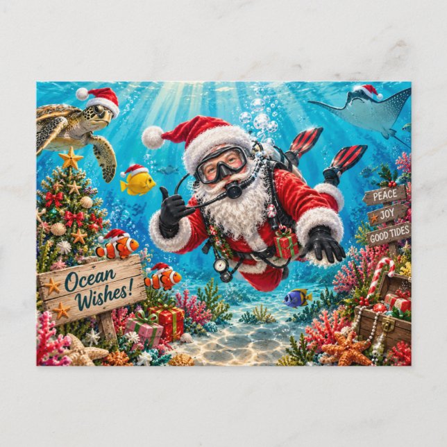 Scuba Tomte Undervattensjul Firande Helg Vykort (Framsida)