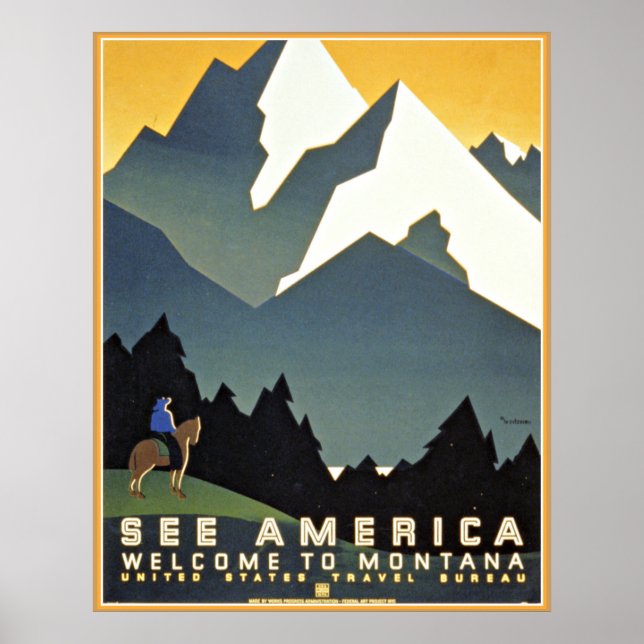 Se America Montana Mountains Travel WPA Poster (Framsidan)