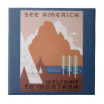 Se Amerika Välkommen till Montana, Vintage resor Kakelplatta<br><div class="desc">Vintage illustration USA:s reseaffisch från Montana med inhemska Indian,  berg,  sjöar och träd. Texten lyder: Se Amerika,  Välkommen till Montana,  United Stater Travel Bureau.</div>