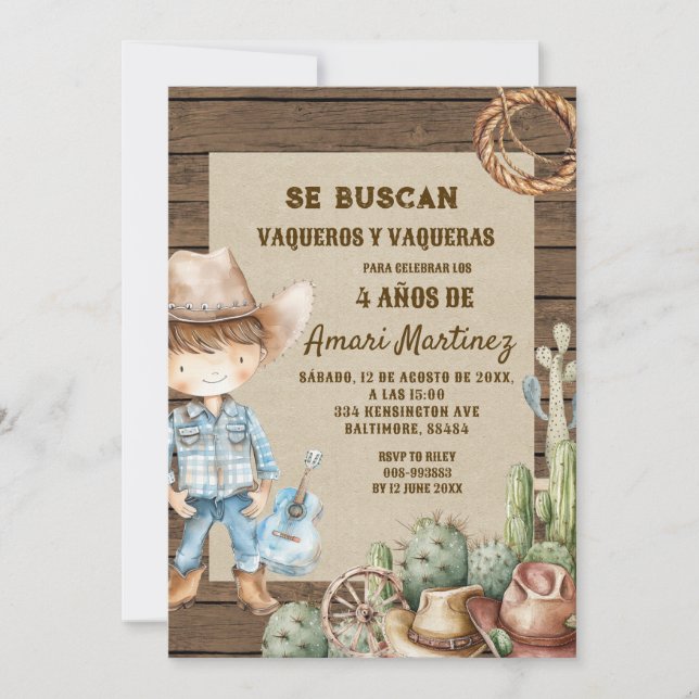Se Buscan ville ha spanska Westerna Cowboy Birthda Inbjudningar (Framsida)