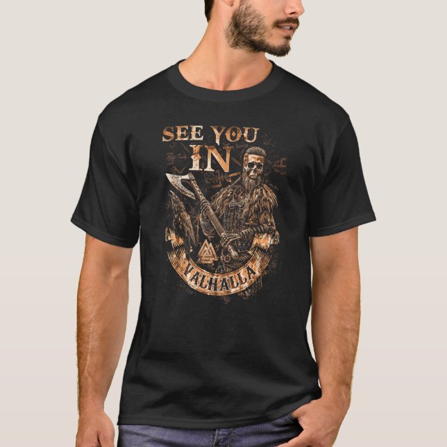 Se dig i Valhalla Viking Lothbrok Skull Ax Vegv T Shirt (Framsida)