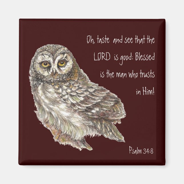 Se Herren är Bra Watercolor Uggla Psalm 34:8 Magnet (Framsidan)