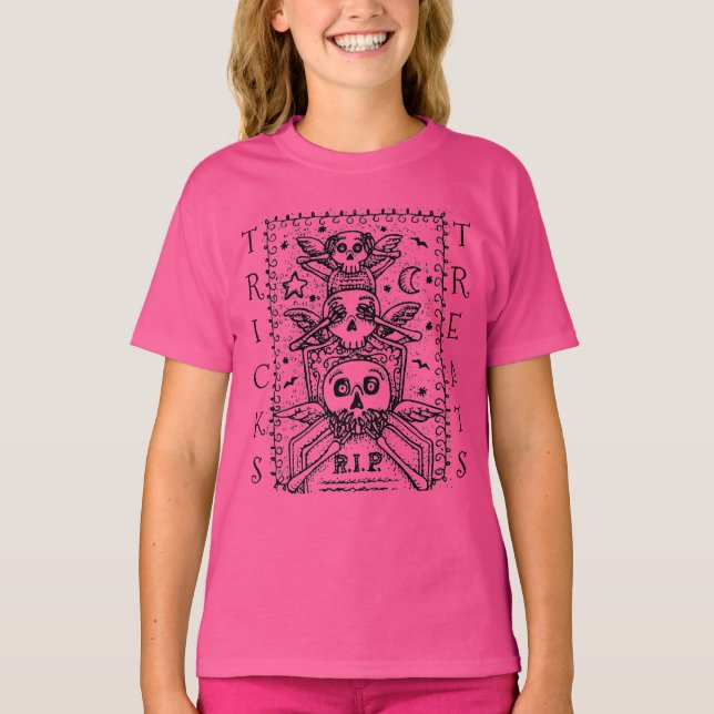 SE INGEN EVIL CEMETERY SKELETON BUS ELLER GODIS T SHIRT (Framsida)