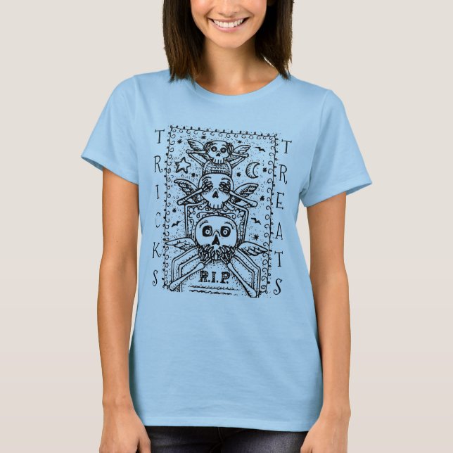 SE INGEN EVIL CEMETERY SKELETON BUS ELLER GODIS T SHIRT (Framsida)