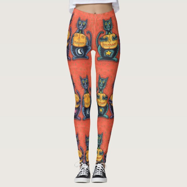 SE INGEN EVIL SVARTA KATTER, HALLOWEEN LEGGINGS Or (Framsida)
