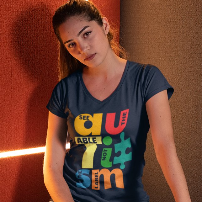 Se inte märkningens medvetande t shirt (Autism See the Able Not Label Womens Navy Blue T-V-Neck Shirt)