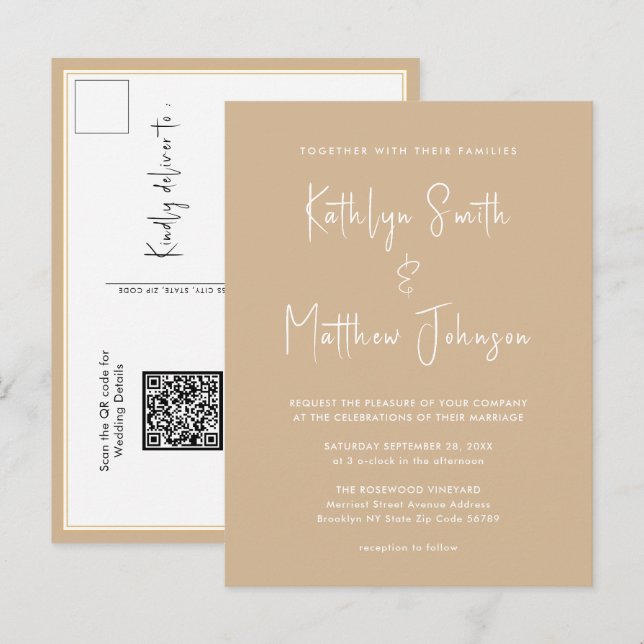 Se QR-kod i ett enda modernt skript Bröllop Inbjudan Vykort (Fram/baksida)