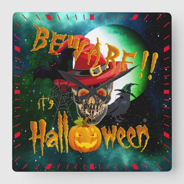 Se till att det är Halloween Creepy Skull & Måne Fyrkantig Klocka (Framsida)