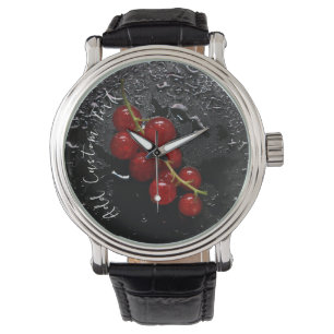 Se upp med Red Berry Mönster Black Background Armbandsur