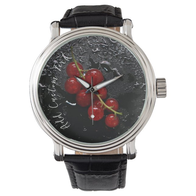 Se upp med Red Berry Mönster Black Background Armbandsur (Framsida)