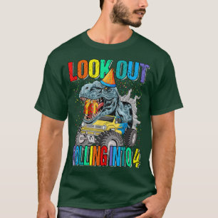 Se upp och rulla in i 4 Monster Lastbil Dinosaur T Shirt