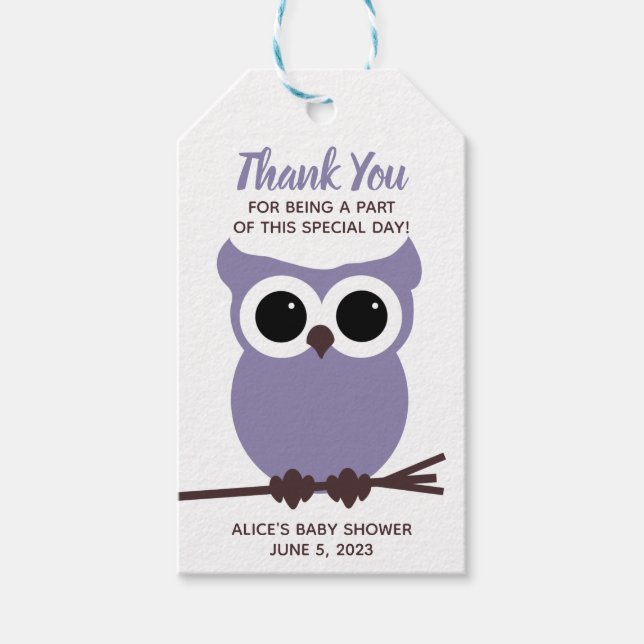 Se vem som är nästan förfallen! Lila Uggla Baby Sh Presentetikett (Framsidan)