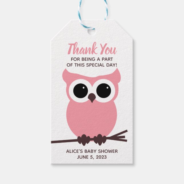 Se vem som är nästan förfallen! Rosa Uggla Baby Sh Presentetikett (Framsidan)