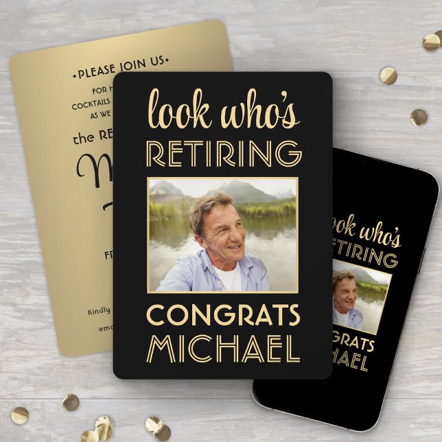 Se vem som är Retiring Black & Guld Photo Pension Inbjudningar (Skapare uppladdad)
