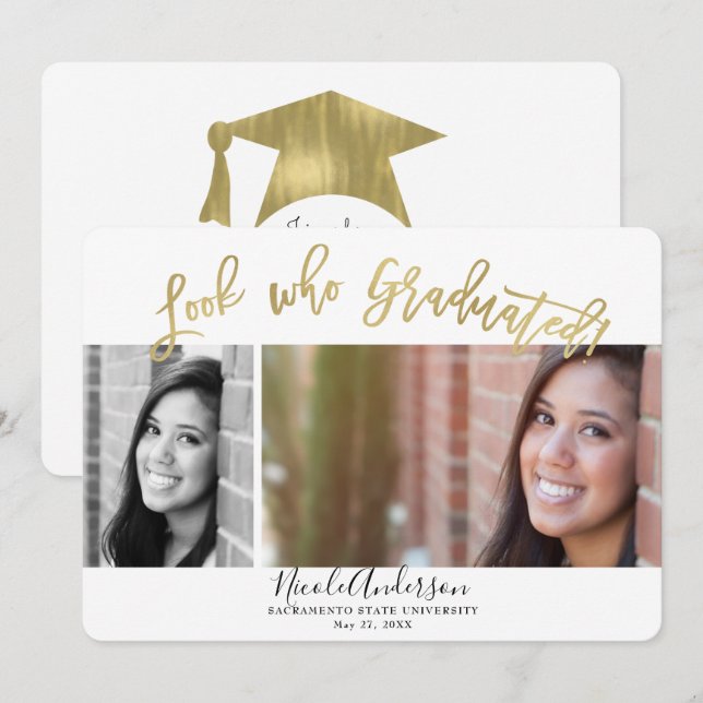 Se vem som tog examen Examen 2 Foto Firande Inbjudningar (Fram/baksida)