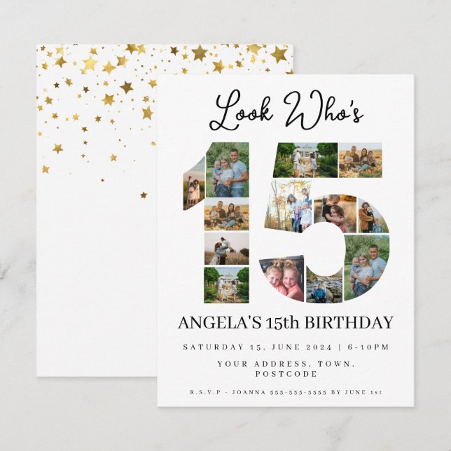 Se vem som tonåring 15 Photo Collage quinceaneras Inbjudningar (Fram/baksida)