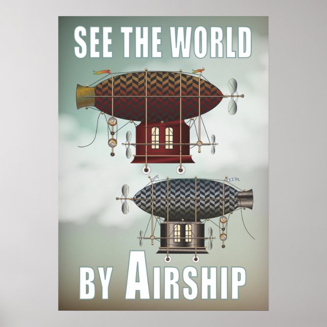 Se World Airship Noir Rouge Steampunk Travel Poster (Framsidan)