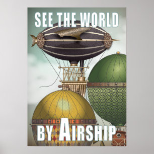 Se World Airship Trio Steampunk Travel Poster