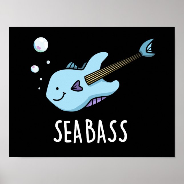 Sea Bass Funny Bass Guitar Fish Pun Mörk BG Poster (Framsidan)