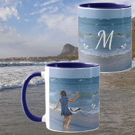 Sea Beach Photo Modern White Initiation on Blue Mugg