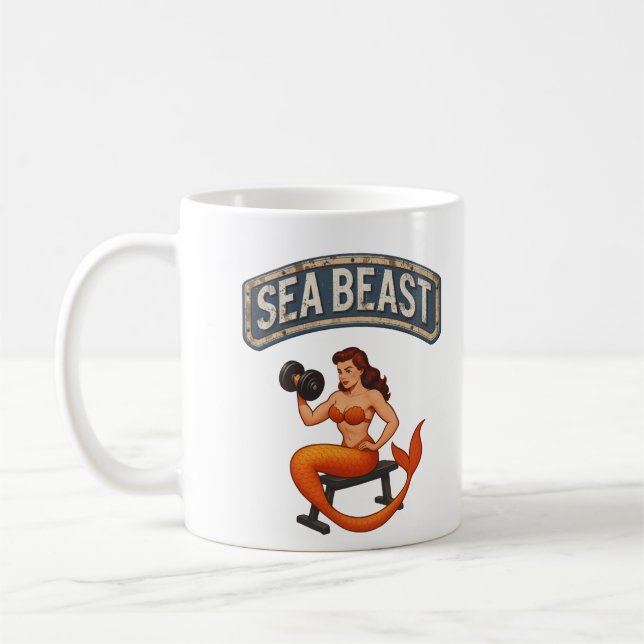 Sea Beast Gym Mermaid | Retro Pin-Up Fitness Art Kaffemugg (Vänster)