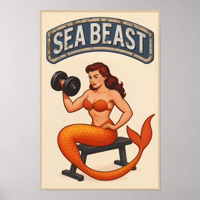 Sea Beast Gym Mermaid | Retro Pin-Up Fitness Art Poster (Framsidan)